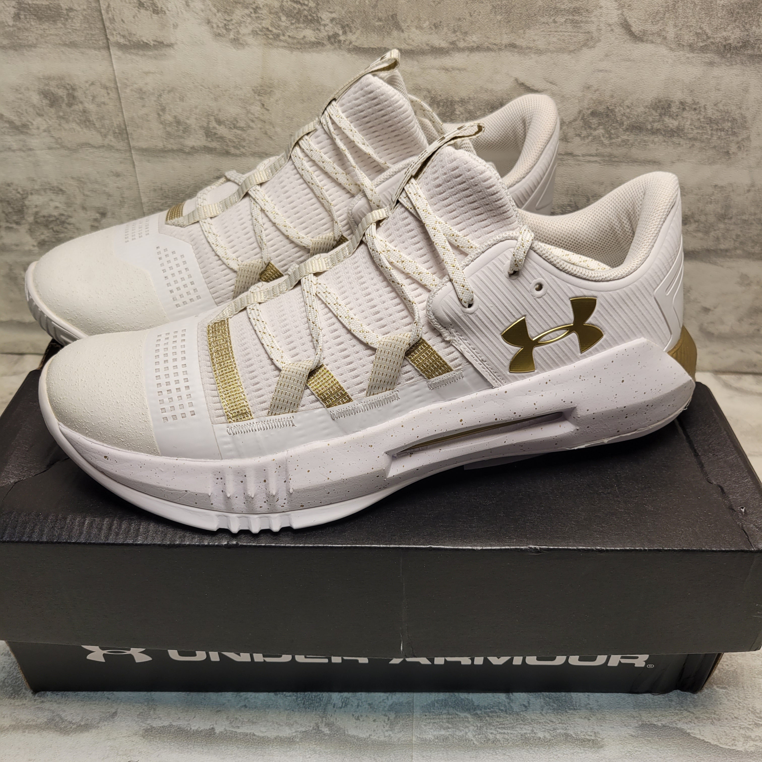 Under Armour Women's Block City 2.0 Volleyball Shoe (9, White/Metallic Gold) (7911613333742)
